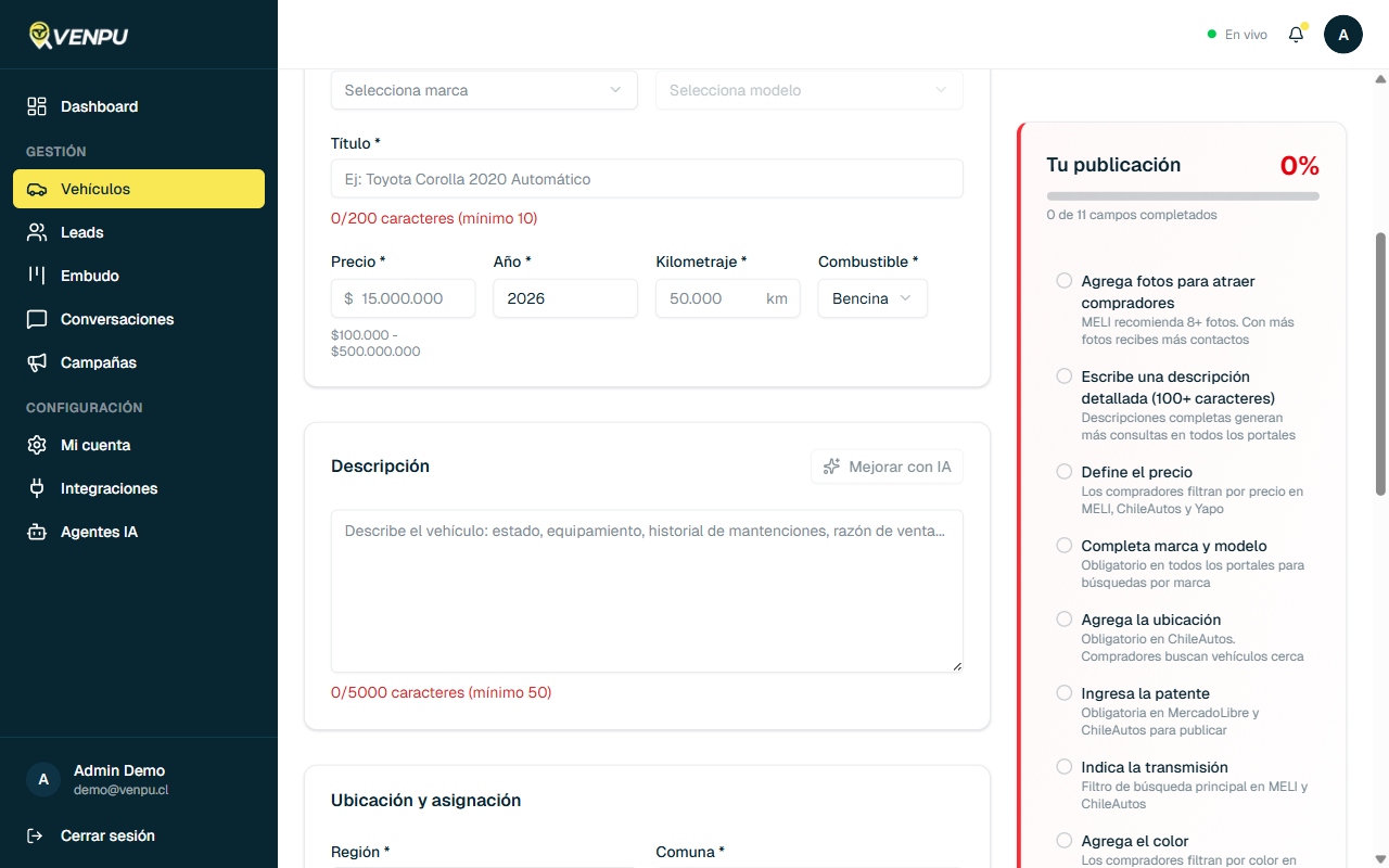 Seccion de descripcion con el boton Mejorar con IA