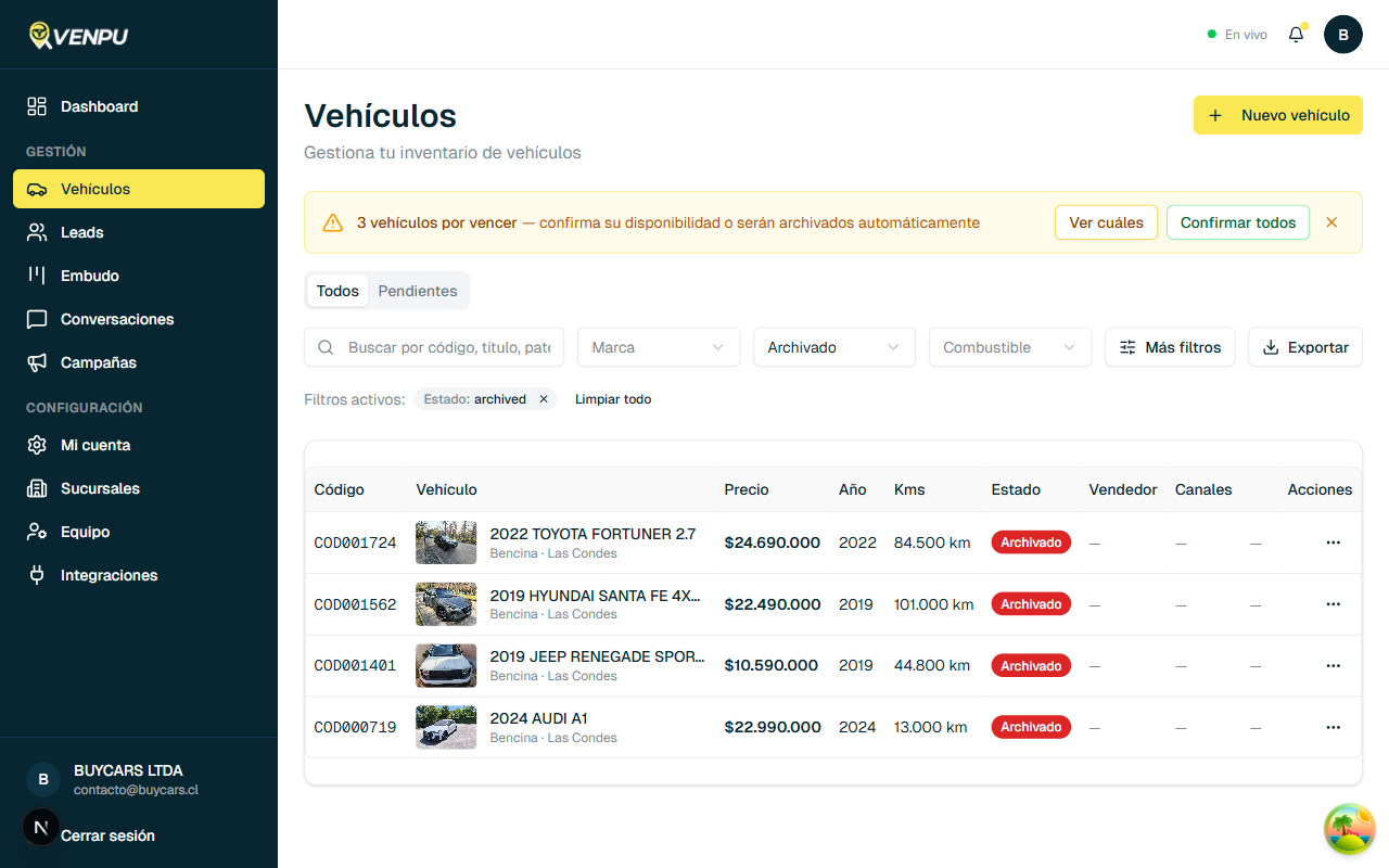 Listado de vehiculos filtrados por estado Archivado