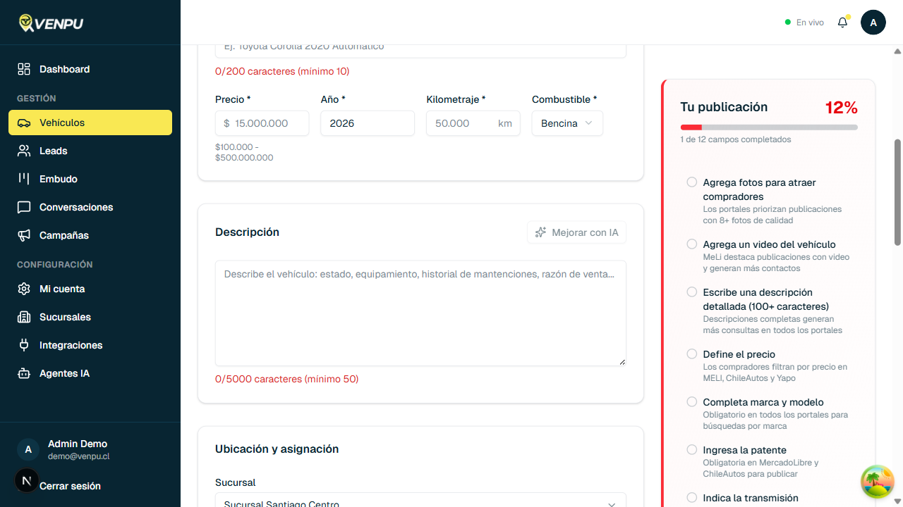 Formulario de vehiculo con sucursal seleccionada