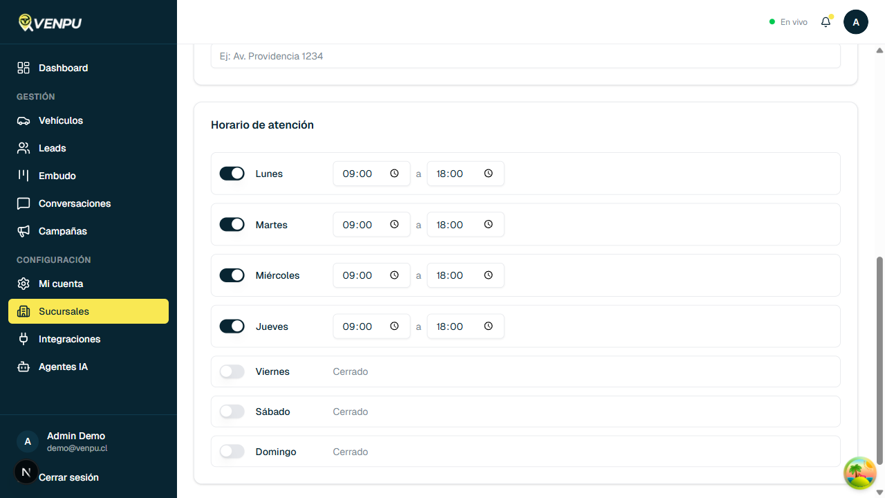 Configuracion de horario de atencion por dia